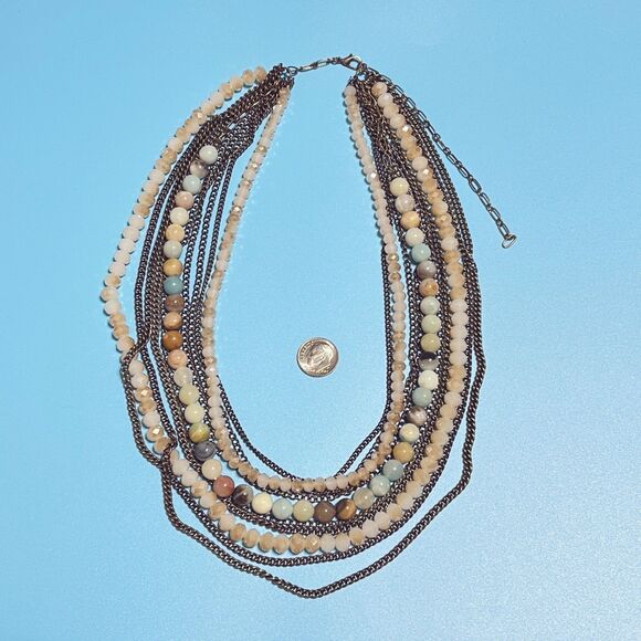 Multi-Strand Statement Necklace Gemstone Glass Beads Layered Chunky Antiqued - Picture 4 of 12